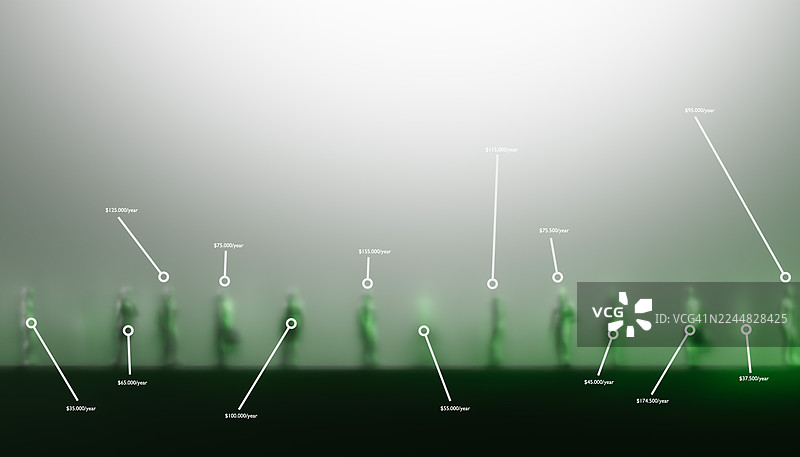 玻璃后面是隐藏的人物，上面漂浮着薪资指示器，突显了工资差距图片素材