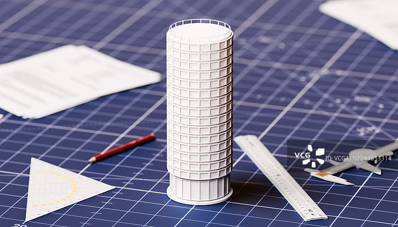 用测量工具展示规划变为现实的3D高层建筑蓝图背景图片素材