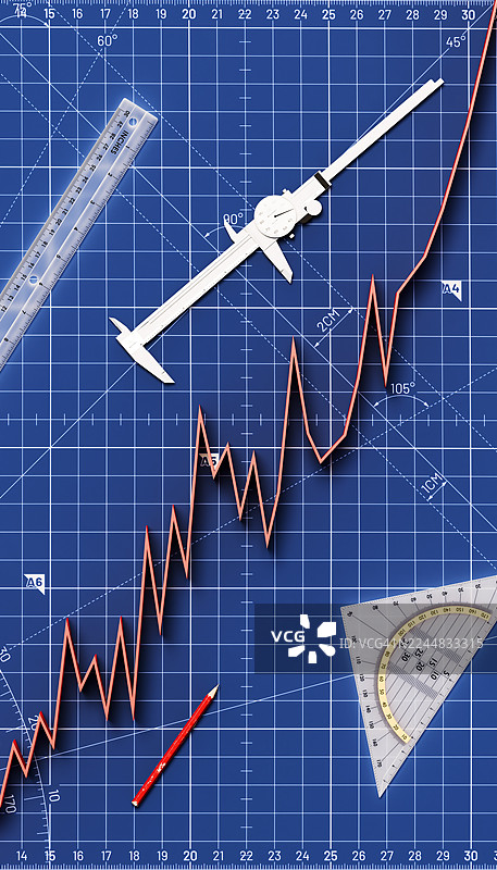 蓝图上3D增长图的俯视，散落着测量工具，象征着计划的实现图片素材