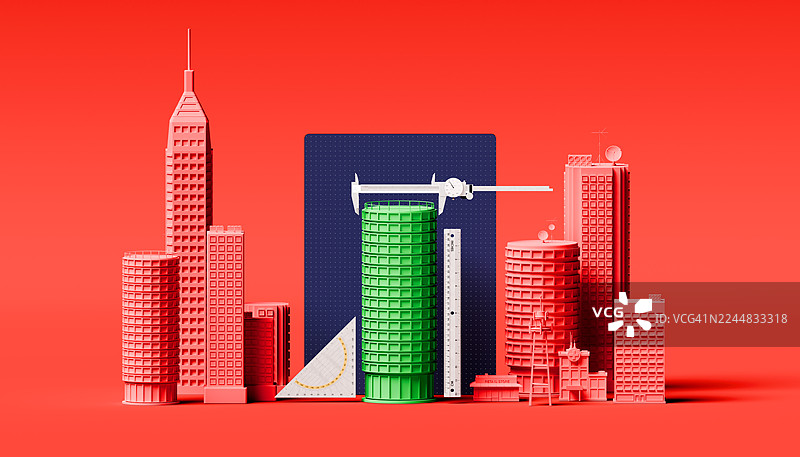 智能城市景观，蓝图上突出绿色高层建筑，配有测量工具，象征规划与愿景图片素材