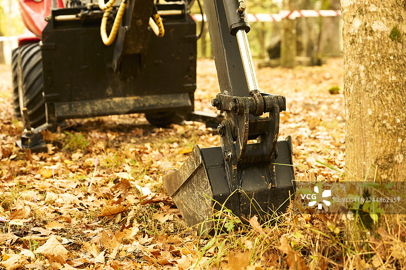 挖掘机在秋季森林的工地上进行挖掘作业图片素材