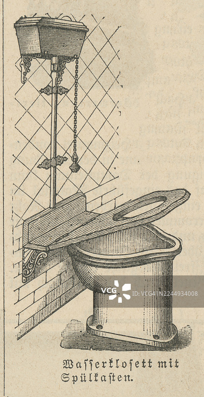 古老的蚀刻插图，描绘了带水箱和异味陷阱的抽水马桶——左视图展示了储水箱马桶——右侧面板展示了漏斗形异味陷阱剖面图图片素材