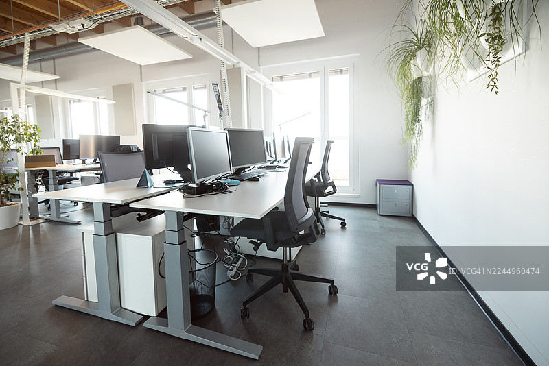 现代办公空间，配有办公桌和电脑，并装饰有观赏植物图片素材