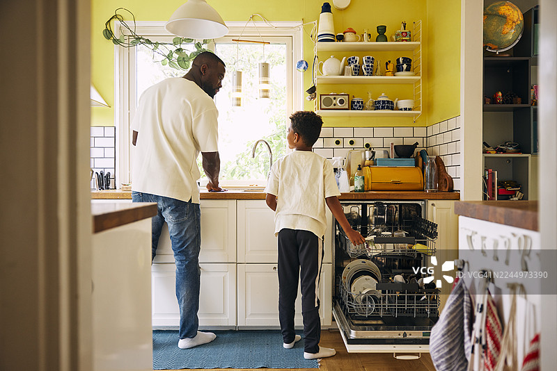 儿子在家帮父亲在洗碗机里洗餐具的背影图片素材