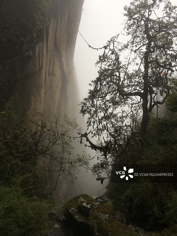 不丹帕罗虎穴寺附近的雾气弥漫的山谷。图片素材