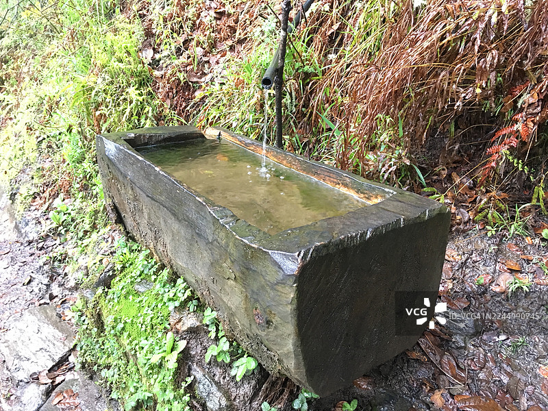 一块实心石块雕刻而成的大水缸。图片素材