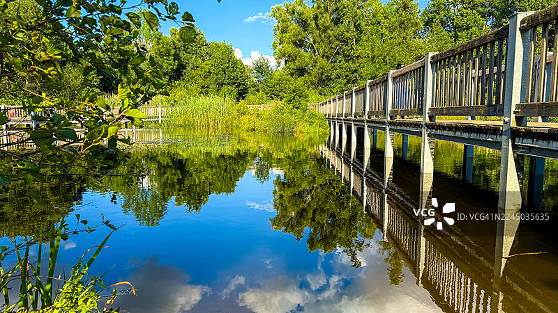 阳光明媚的日子，木制栈道横跨宁静的湖面，湖面倒映着湛蓝的天空和茂密的绿树。图片素材