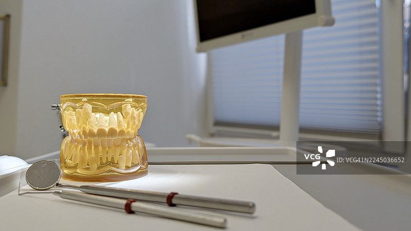 牙医办公室桌上牙科模型和工具的特写，突出牙科护理和教育图片素材