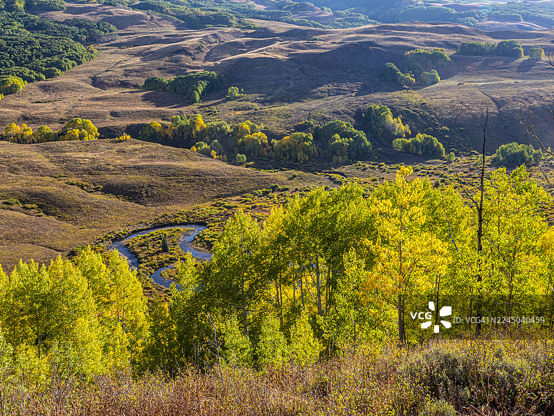 秋季景观中蜿蜒的河流，两旁是鲜艳的黄绿色树木和连绵的山丘，美国科罗拉多州克雷斯特德比特图片素材