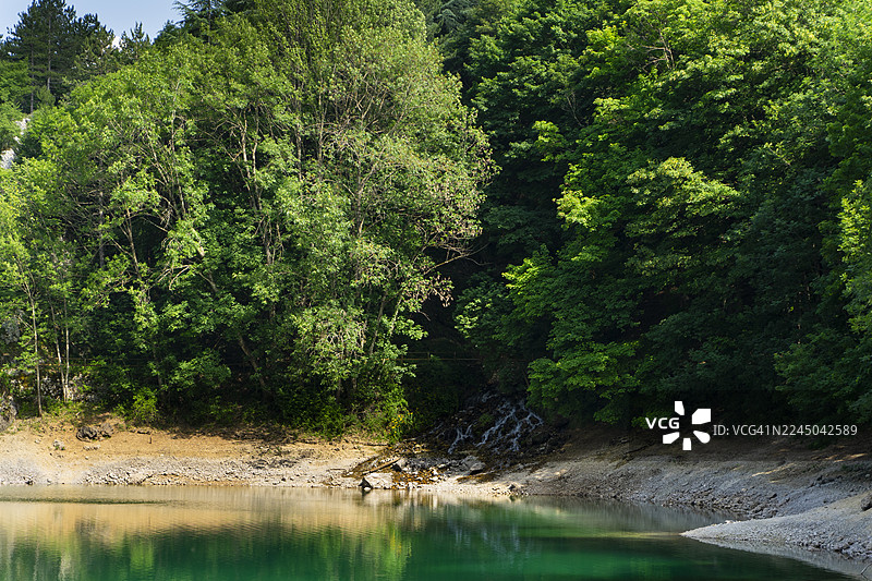 茂密的森林中坐落着碧绿的湖泊，展现着大自然的鬼斧神工图片素材