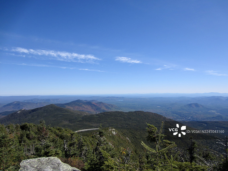 晴朗蓝天下，远处的山峦和森林组成的广阔风景图片素材