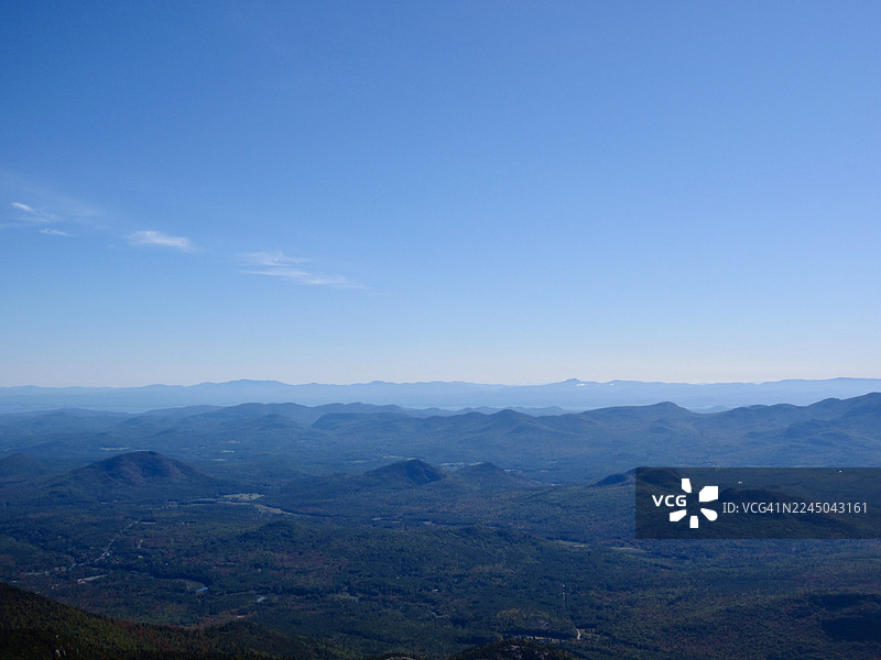 广阔的风景，展现了连绵起伏的山脉和森林覆盖的山谷，在晴朗的蓝天下，营造出一种浩瀚与宁静的意境。图片素材