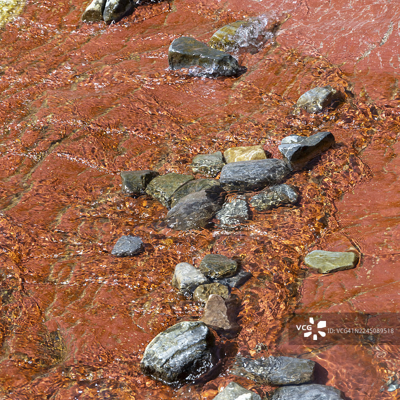 近景：红色的溪流流过散落的岩石。加拿大阿尔伯塔省，沃特顿公园。图片素材