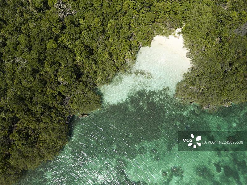 从空中俯瞰，郁郁葱葱的绿林与碧绿的海洋交汇，沙滩绵延。此景位于印度尼西亚东南马鲁古省的小凯伊岛上的拜尔岛（Pulau Bair or Bair Island）。图片素材