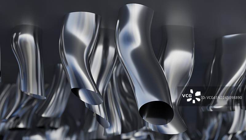 柔和反射光下的抽象金属管，具有弯曲的形状，构成现代构图。插画，渲染图片素材