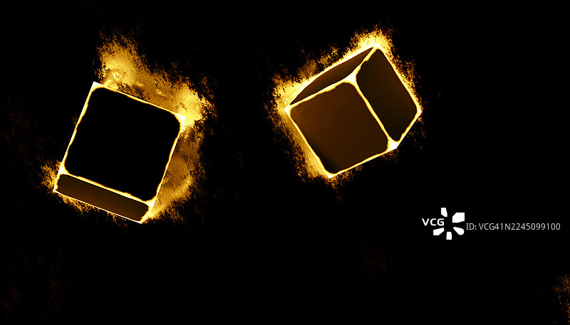 两个发光的立方体，边缘散发着光芒，背景为深色。插画，渲染图片素材