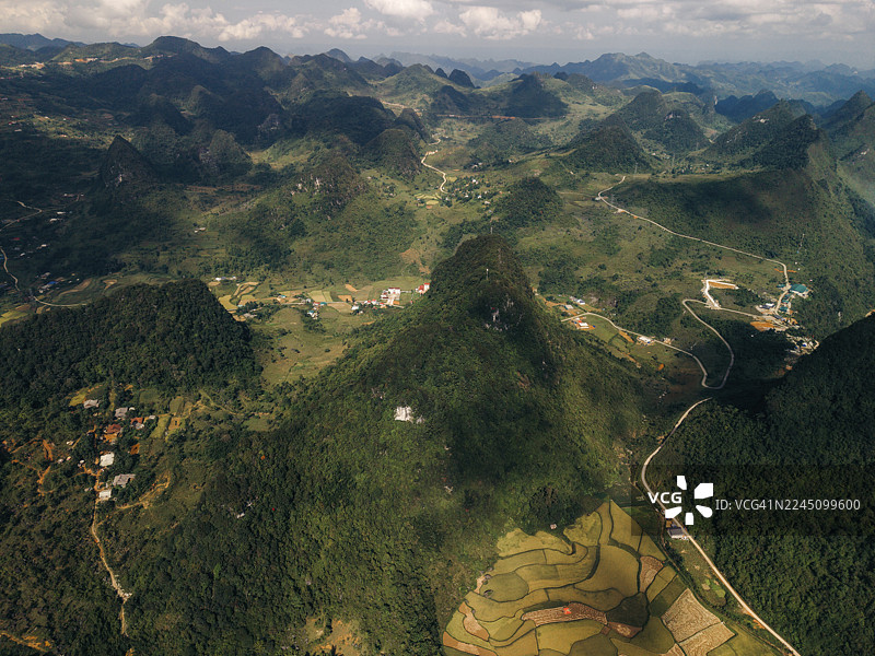 越南高平省阮平县，郁郁葱葱的山地景观，蜿蜒的道路和零星的村庄，鸟瞰图图片素材