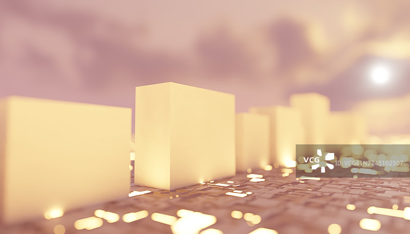 日落时分，柔和的粉色调抽象城市景观，拥有发光的立方体建筑。插画，渲染图片素材