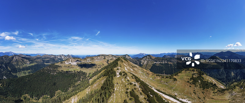 无人机视角，从埃格尔塞霍恩德尔俯瞰奥斯特霍恩山群，邮政阿尔姆，萨尔茨卡默古特，萨尔茨堡州，奥地利图片素材