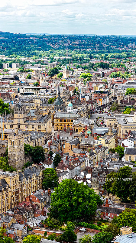 日落时分牛津大学拉德克利夫图书馆和哥特式尖塔的鸟瞰图，历史悠久的英国建筑，包括谢尔顿尼安剧院及周边学院，传承与教育理念图片素材