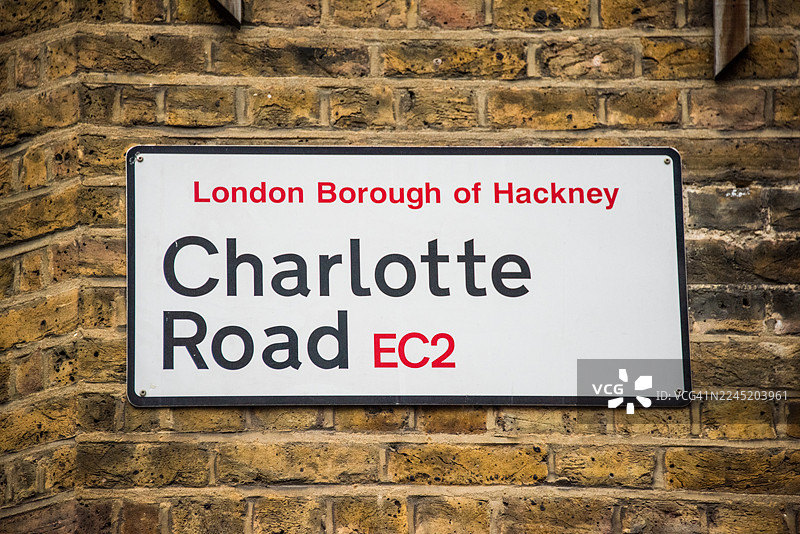 夏洛特路（Charlotte Road）EC2 街道名称标志，肖尔迪奇图片素材