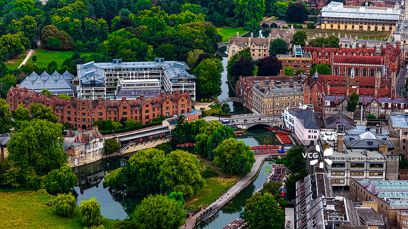 剑桥大学康河的空中视角，包括学院的数学桥和红砖建筑，周围绿树环绕，展现了英格兰的学术底蕴和旅游胜地。图片素材