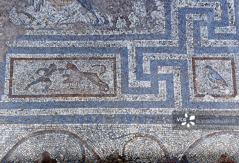 马赛克，角斗士持刀与狮子搏斗，猎鹰，鸟，装饰品，古老的发掘地阿哥拉，也称市场区阿哥拉或港口区阿哥拉，1934-1942年的发掘品，科斯镇，科斯岛，十二群岛，希腊，东亚得里亚海图片素材
