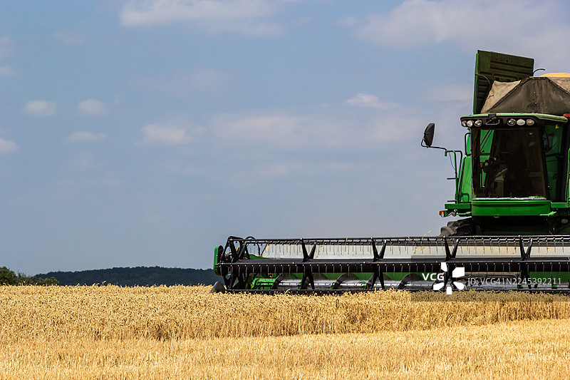 金黄的麦田里，联合收割机在收获季节的蓝天下辛勤工作图片素材