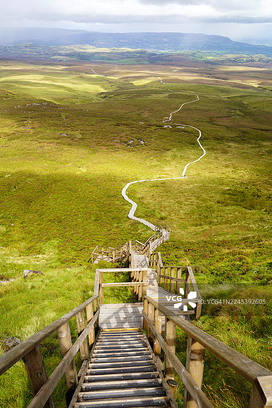 英国广阔的绿色田野上，一条弯曲的木板路和木质台阶在高处俯瞰下延伸，天空布满云彩。图片素材