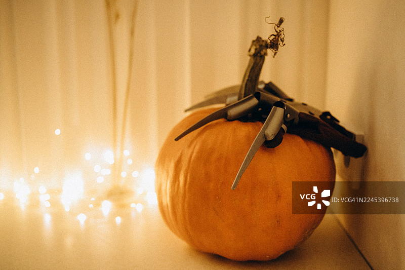 无人机栖息在万圣节南瓜上，周围环绕着串灯图片素材