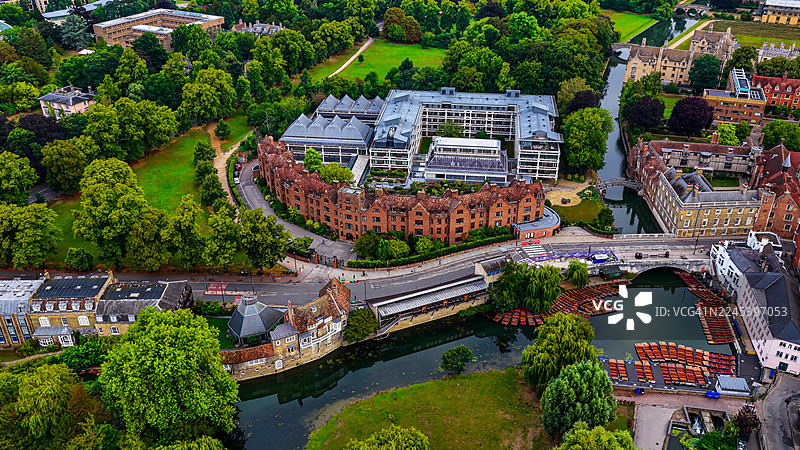 剑桥康河的空中视角，展示了银街数学桥、历史悠久的大学学院和红砖建筑，周围绿树成荫，这里是英格兰的学术遗产和旅游胜地。图片素材