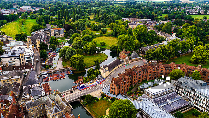 剑桥康河的鸟瞰图，展示了银街的数学桥、历史悠久的大学学院和红砖建筑，周围绿树成荫，是英格兰的学术圣地和旅游目的地。图片素材