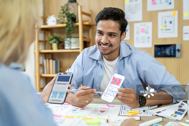 设计师们在协作，共同设计移动应用程序的UI/UX线框图图片素材
