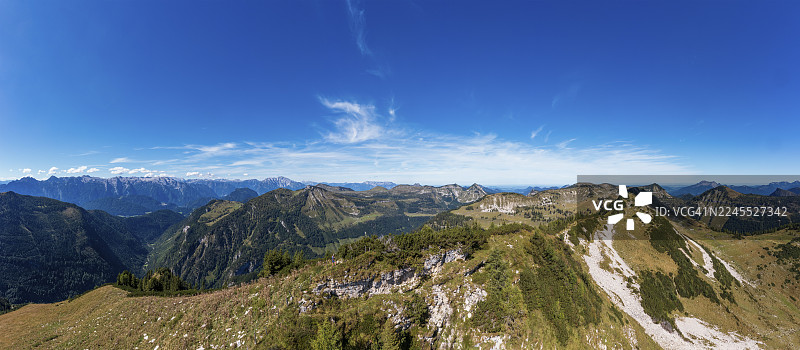 无人机视角，俯瞰埃格尔塞峰（Egelseehörndl）、波斯特阿尔姆（Postalm）、奥斯特霍恩山脉（Osterhorn Group）、萨尔茨卡默古特（Salzkammergut）和萨尔茨堡州（Province of Salzburg）的壮丽景色图片素材