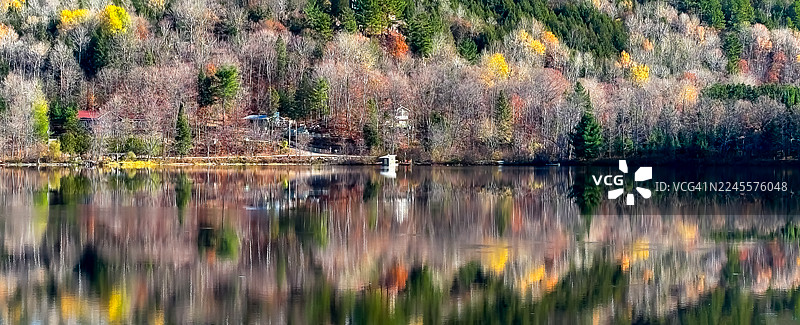 加拿大魁北克省韦克菲尔德宁静的秋日倒影。图片素材