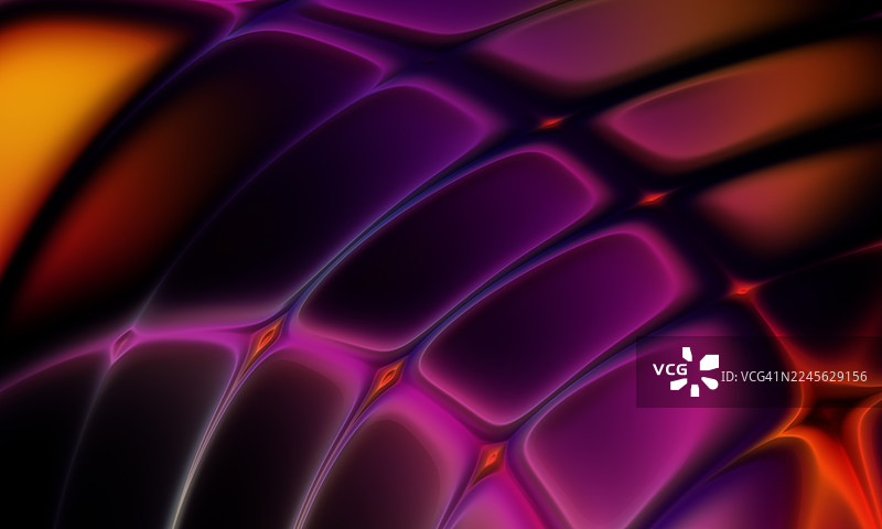 深紫色和橙色调的未来主义抽象网格。深色背景上，带有弧形单元的亮面抽象网格，呈现出闪耀的紫色、粉色和橙色。图片素材