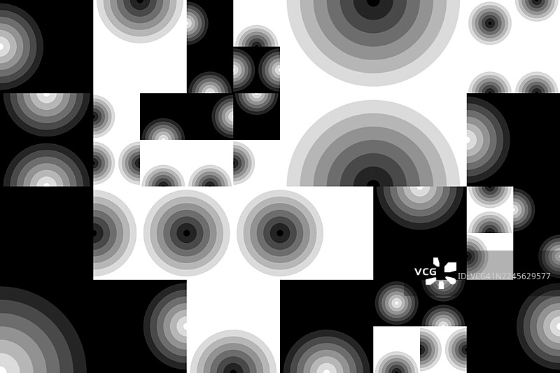 单色几何抽象，渐变圆背景。黑白抽象设计，以径向渐变圆和锐边几何形状为特色，构图富有动感。图片素材