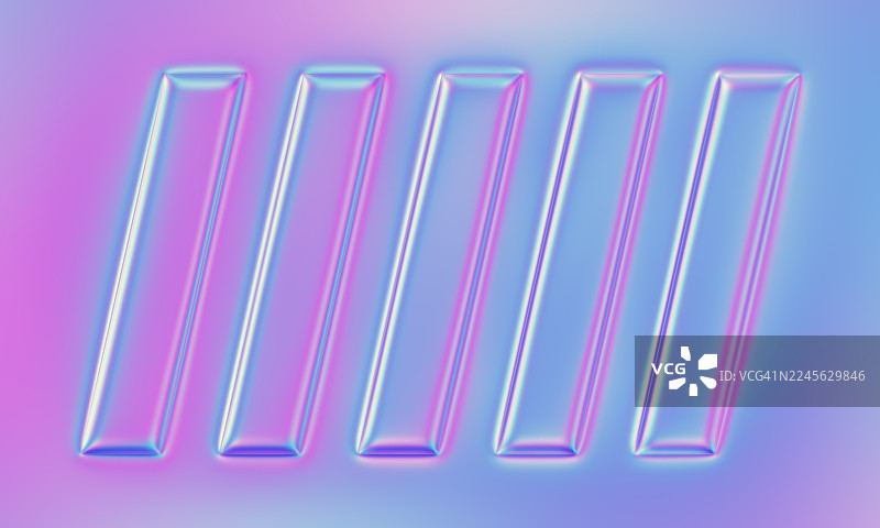 柔和渐变背景上的全息3D矩形。带有霓虹灯边缘的风格化3D矩形在粉色、紫色和蓝色的梦幻柔和渐变上漂浮。图片素材