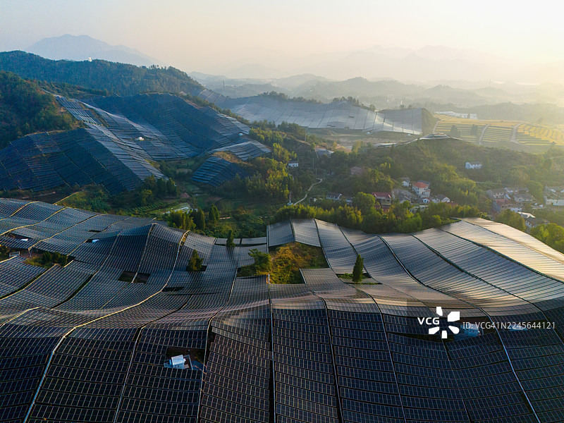 日出时分，山坡上的太阳能光伏板图片素材