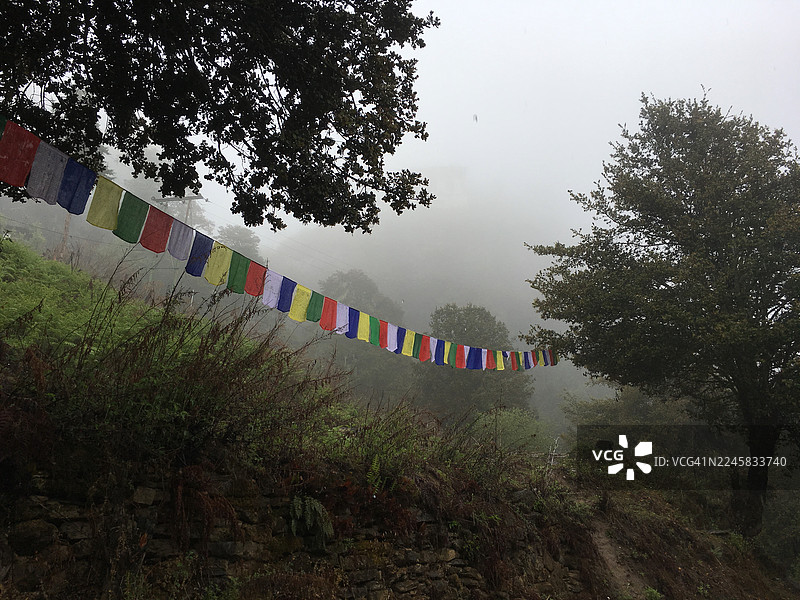 不丹虎穴寺沿途的佛教祈祷旗。图片素材