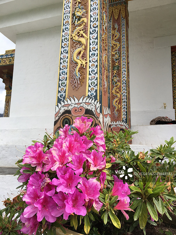 位于廷布的锡金风格建筑柱子，饰有色彩鲜艳的花卉图案。图片素材