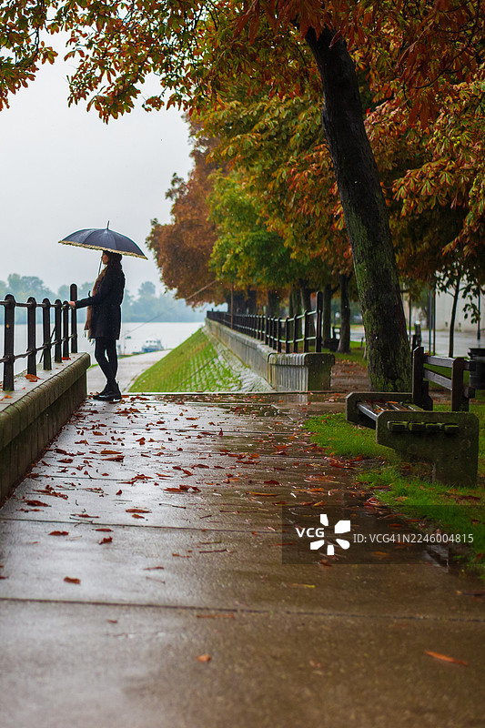 雨中打伞独自行走的女人图片素材