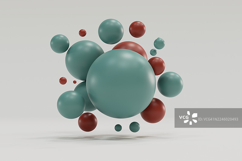 蓝绿色和红色的光泽球体漂浮在白色工作室背景中图片素材