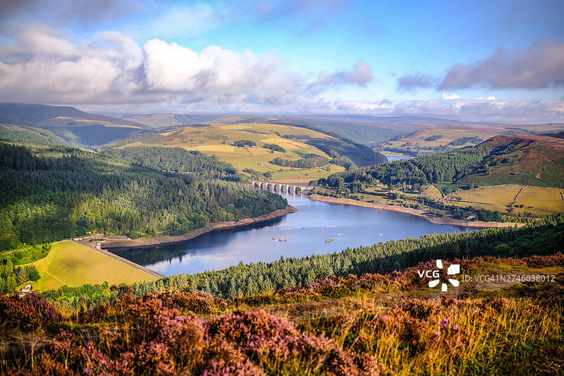 宁静湖泊、起伏的山丘和远处的栈桥构成了一片辽阔风景的壮丽景色，背景是明亮的蓝天白云。图片素材