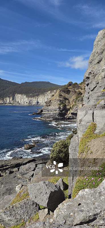 澳大利亚塔斯马尼亚玛丽亚岛，晴朗天空下的深蓝色海洋与壮观的海岸悬崖图片素材