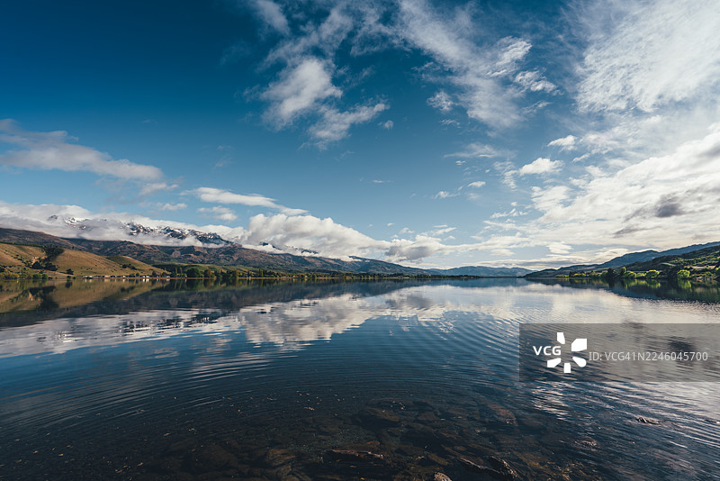 新西兰坎特伯雷特威泽尔，鲁阿塔尼瓦湖宁静地倒映着雪山图片素材