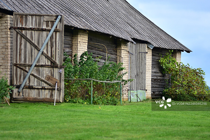 乡村生活和传统建筑，描绘了蓝天下绿草和树叶环绕的质朴砖木谷仓，立陶宛，考纳斯图片素材