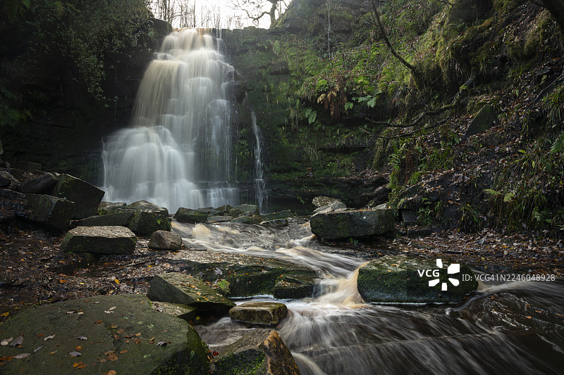 英格兰德比郡朗丹代尔米德尔布莱克克拉夫瀑布图片素材