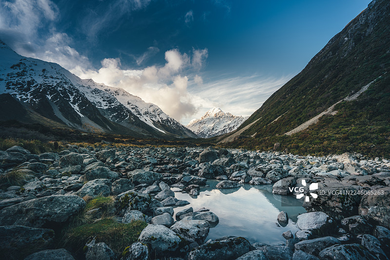 新西兰坎特伯雷库克山（奥拉奇）的雪山与岩石山谷图片素材