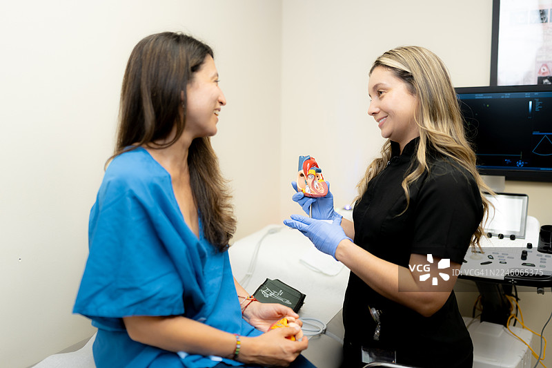 医生在咨询期间向患者解释心脏模型图片素材